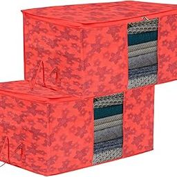 Kuber Industries Underbed Storage Bag | Clothes Storage Bag | Blanket Cover with Clear Window | Zipper Closure & Handle Cloth Organizer | New Flower-Design | Large | Pack of 2 | Red-picture-16