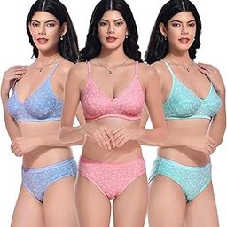 Full Coverage Non Padded Push Up Printed Lingerie Set Bra Panty for Regular Women Combo Pack of 3-3
