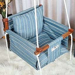 NEW COMERS® Cotton Swing for Kids, Jhula for Baby, Kids Swing Hanging Indoor Outdoor, Baby Garden Swing with Safety Belt & 2 Pillows (6 Months to 4 Years) (Up to 20 kg)-Blue-White (TC 150/300) 901-10