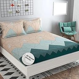 NEW TOWN Cotton Feel Glace Cotton Elastic Fitted Printed King Size Double Bed Bedsheet with 2 Pillow Covers and Fits Upto 8 inches Mattress, Size- 72"x78" Saffro 5140-picture-25