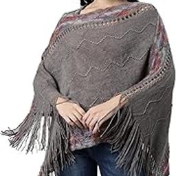 Women's Chevron Boat Neck Longline Grey Fringed Poncho-CHN-017_Grey-image-68