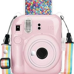 ZENKO Pvc Protective Clear Case Pouch For Fujifilm Instant Mini 12 Instant Camera-Crystal Hard Shell Cover With Upgraded Film Pocket For Storing Photos & Removable Rainbow Shoulder Strap, Clear,Black-28