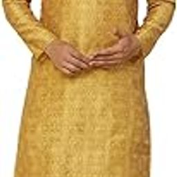 Men's Kurta Churidar Set, Mustard Jacquard, Woven Design Long Sleeves Regular Fit Mandarin Collar-image-24