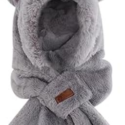 Womens Hoodie Scarf Hooded Hat Neck Warmer 2 in 1 Bear Ear Hat New Year Gift Gray-image-35