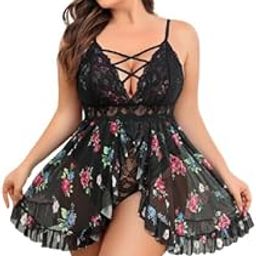 Plus Size Floral Print Lace Babydoll Lingerie – Sexy Sheer Nightwear with Snap Crotch & Ruffled Hem-picture-12