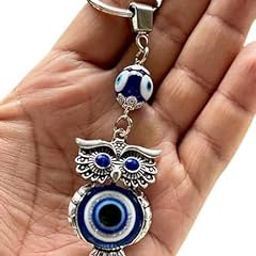 Evil Eye Owl Keychain, Blue and Silver, Decorative Key Ring with Lucky Charm Design-54