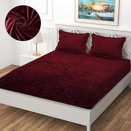 TrendsVilla Velvet Warm Winter Flannel Fitted Bedsheet Set King Size 72x78 Inches with Elastic & 2 Pillow Covers, Soft 210 GSM Double Bed Bedding_Maroon-28