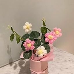 VRB Dec 1pcs Artificial Crochet Flower Bouquet/Artificial Flowers Bunch/Crochet flowers bouquet/Crochet flowers/Flowers Bouquet Gift for Girls Home Decor,gifting,etc. (Pink Daisy Bouquet)-image-35