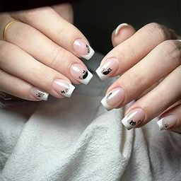 24 Reusable Artificial Fake Nail Set | Base Peach colour with Black cat Design Glossy Nails | Lightweight & Long Lasting | Quick Fix For Festivals & Special Occasions-image-22