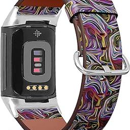 Compatible with Fitbit Charge 5 , Patterned Leather Replacement Band (Colorful psychedelic background made of interweaving curved shapes)-image-128