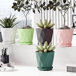 Kemendra® 6 inch Plant Pots with Drainage Holes and Tray Saucers 5 Pack Flower Pots Outdoor Indoor - Ideal for Indoor Plants, Succulents, and Small Pots for Plants (Round Diamond Multi Colour, 5)-image-93