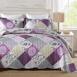 ENJOHOS King Size Quilt Set - 3 Pieces Purple Patchwork King Quilt with 2 Pillowcases, Lightweight Reversible Country Bedspread with Floral Design-image-78