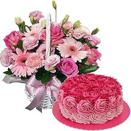 EG2i Round Basket of 10 Pink Roses, 10 Pink Carnations, 10 Pink Gerberas Greenery & Gypsy, 500gm Pink Rose Cake with Free Knife, Gift for Birthday, Anniversary, Valentine’s Day Gift-image-8