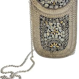 Vintage Style Metal Evening sling, Mother of Pearl Inlay, Silver Chain-image-49