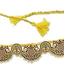 Yellow Copper Bharatanatyam Jewellery Kamarbandh with Green and Red Kemp Stones for Women-1