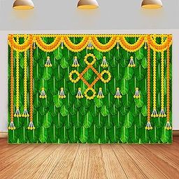 PANCA Banana Leaf & Flower Backdrop Decoration Cloth – 1 Pc (8x5 ft) Green Pooja Decoration Background for Ganpati, Janmashtami, Varalakshmi, Home Temple Festival Setup-image-4