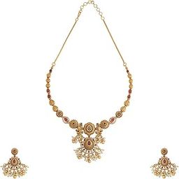 Fashion Jewellery Ruby Gold Polished Copper Antique Necklace Set With Adjustable Chain, Short Necklace & Push Back Earrings, Best for Festive Season & Special Occasion - 430350-image-19