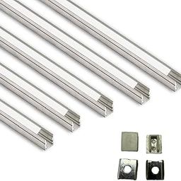 Abaj Lighting (10x12mm) LED Strip Light 1Meter Aluminium Rectangular Surface Profile Light Channels with Diffused Cover, End Caps and Mounting Clips Without LED Straight Linear - Pack of 5-0