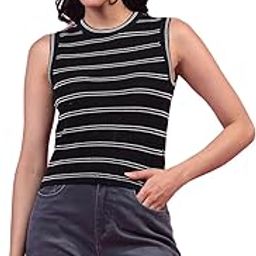 Women's Black Horizontal Stripes Sleeveless 100% Cotton Top-image-52
