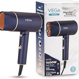 Vega Ionic 1400 Watts Foldable Hair Dryer for Men and Women, Quick & Fast Drying with Ionic Technology & 2 Heat/Speed Settings, Cool Shot Button, Detachable Nozzle, All Hair Type, (VHDH-35), Navy Blue-79