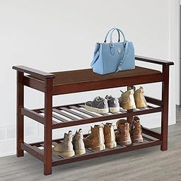 VM DECOR 3-Tier Entryway Shoe Bench | Bamboo Shoe Rack Hallway Storage Organizer for Front Door Entrance | Bedroom, Living Room - Brown-picture-28