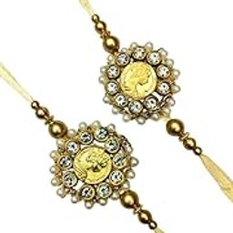 Premium Traditional Coin Rakhi with Crystal Diamond Work and Pearl Border | Elegant Golden Beaded Rakhi Thread for Brother (Pack of 1)-image-19