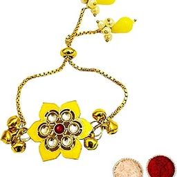 Buyent ® Elegant Kundan pearl flower bracelet rakhi for women stylish lumba rakhi for bhabhi set of 2 bracelet for girls best friend with roli chawal-13