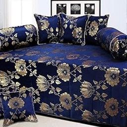 PEPONI Cotton and Silk 650 TC Traditional Polycotton and Silk Floral Diwan Set, Dark Blue and Gold, 8 Piece-11