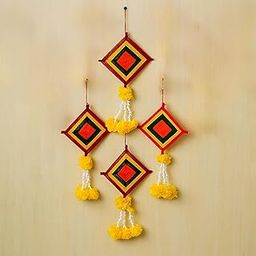 eCraftIndia Artificial Marigold Flowers Colorful Woolen Kite Hangings (Pack of 2) Artificial Flowers Wall Hangings for Home Decoration | Makar Sankranti Decoration Items| Kite Decoration For Sankranti-image-0