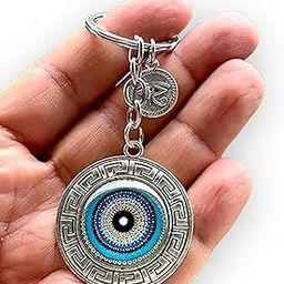 Blue and Silver Round Evil Eye Keychain for Bike/Car, Anti-Rust with Key Ring, Protective Symbol for Good Luck, Ideal for Gifting, Durable and Stylish (Pack of 1)-44