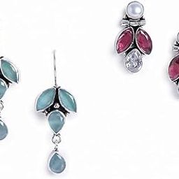 2 Pairs 925 Silver Plated Vintage Stones & Pearls Earrings Combo Set for Women & Girls- Silver Lookalike Statement Pearls Stones Earrings-image-96