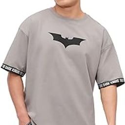 Official Batman: Logo Men and Boys Short Sleeves Round Neck Grey Graphic Printed Cotton Oversized T-Shirts-image-90