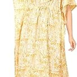 Marika Textiles Hand Block Printed Light Yellow Printed Cotton Kaftan with Export Quality - Women's Night Wear Cotton Kaftan, 100% Cotton Quality Kaftan, Free Size Nighty-29