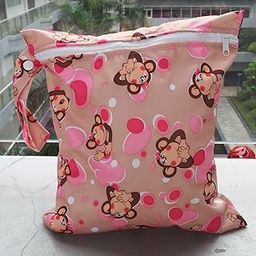 ATORSE Baby Infants Wet Diaper Nappy Storage Waterproof Zippered Reusable Tote Style Bag Monkey Print Handbag Light Brown-image-2