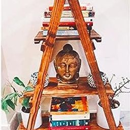 RESHUZ Pine Wood Matte Foldable Ladder Bookcase Shelf Storage Organizer Plant Stand Showpiece Stand with Antique Wooden Finish (4 feet)-picture-18