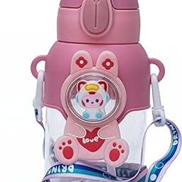 Veejet joyland 600ml Kids Sipper Water Bottle with Anti-Leak Cartoon Spacer |Spill-Proof, Durable for School,Travel, and Everyday Use with straw Drinking bottle | Gift for Birthday | Color : (Pink)-image-13