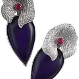 STUD STORY Vintage Oxidised Silver Earrings, Traditional Floral Design with Monalisa Stones for Women | Silver Replica Brass Floral Design Stud Earrings-image-20