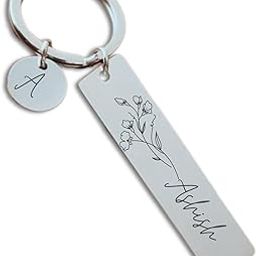 Custom Birth Flower Keychain with Name & Initial Charm – Personalized Double-Sided Stainless Steel Keyring for Women, Men, Gift for Birthday, Anniversary, Couple, Her, Him-28