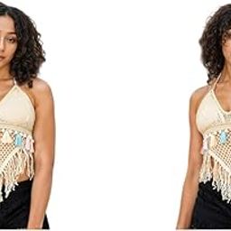 Womens Summer Crochet Granny Square Halter Tops Boho Sleeveless Backless Fringe Trim Cami Cover Up Tank Crop Top 2PCS Khaki-image-3