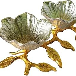 Extreme Karigari Flower Shaped Aluminum Decorative Serving Bowl on Leaves Stand, 2 "Pieces|Tableware|Centerpiece|Gifting" (Color- Gold & German Silver)-image-76