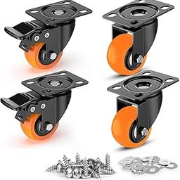 Caneuf 1.5 Inch Heavy-Duty PU Swivel Caster Wheels | Soft Rubber with 360° Rotation for Furniture, Counters, Trolleys, Wheelchairs, Beds (Set of 4, 2 with Brakes & 2 without Brakes, Orange)-3