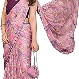 Readymade Pleated Pre Drape Stitched Floral Printed Satin Chiffon Saree For Women's With Lace Border & Blouse(Ready To Wear One Minute)-image-11