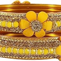 Glass with Zircon Gemstone and Pearl Or Flower Shaped and Spread with Glitter Pattern and Linked with Ball Chain Glossy Finished Kada Set For Women and Girls-image-36