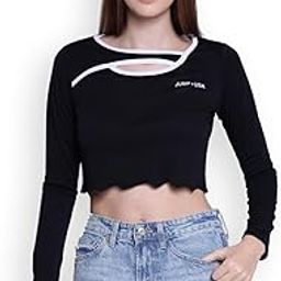 JUMP USA Womens Black Solid Asymmetric Neck Crop Tops-image-45