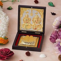 KUSHAL CREATIONS 24K Gold Plated Laxmi Ganesh ji Charan paduka with Photo Frame-image-1