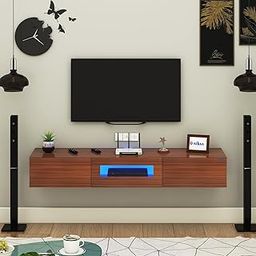 Anikaa Lucen Wall Mount Modern Floating TV Unit for Living Room | 3 Closed Storage cabinets with hinged Door - Blue Color LED Light | Ideal for UP to 55 Inch TV (Walnut Finish - DIY Installation)-image-97