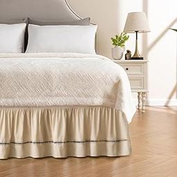 MIYE Wrap Around Ruffled Lace Bed Skirt, Elastic Dust Ruffle with Adjustable Belts, Easy to Put On, Bed Frame Cover, Machine Washable (Ruffled Lace/Cream, King/Queen-15 Drop)-image-35