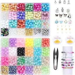 Ambitieux 48-Compartment Jewelry Making Kit with 8 Gold & 7 Silver Charms – Bead Set with Cutter & 2 Rolls of 0.7mm Elastic String (10m Each) – DIY Bracelet & Necklace Crafting Kit for girls birthday gift 2 3 4 5 6 7 8 9-24