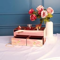 RCasa Multi-purpose Organizer 2 Drawers with Crystal Handles| Rose Gold Glass Finish| Suede Interiors| Ample Storage| 14.2x7.2x6.4 inch| Home Decor| Home Accent|for Dressing Table, Side Table, or Desk-13