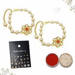 Set of 2 Matching Pearl Rakhi Bracelets for Sisters | Twin Rakhi for Girls | Raksha Bandhan Gift for Sister | Elegant Floral Design with Roli Chawal & Fashion Stud Earrings-image-83